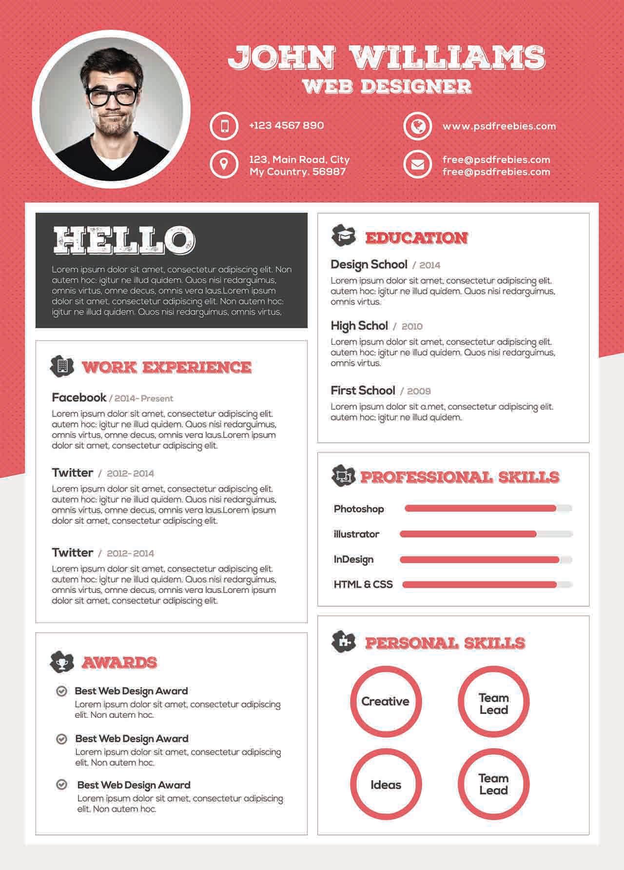 CV4Free - Clean and Sharp Resume CV Template Free PSD