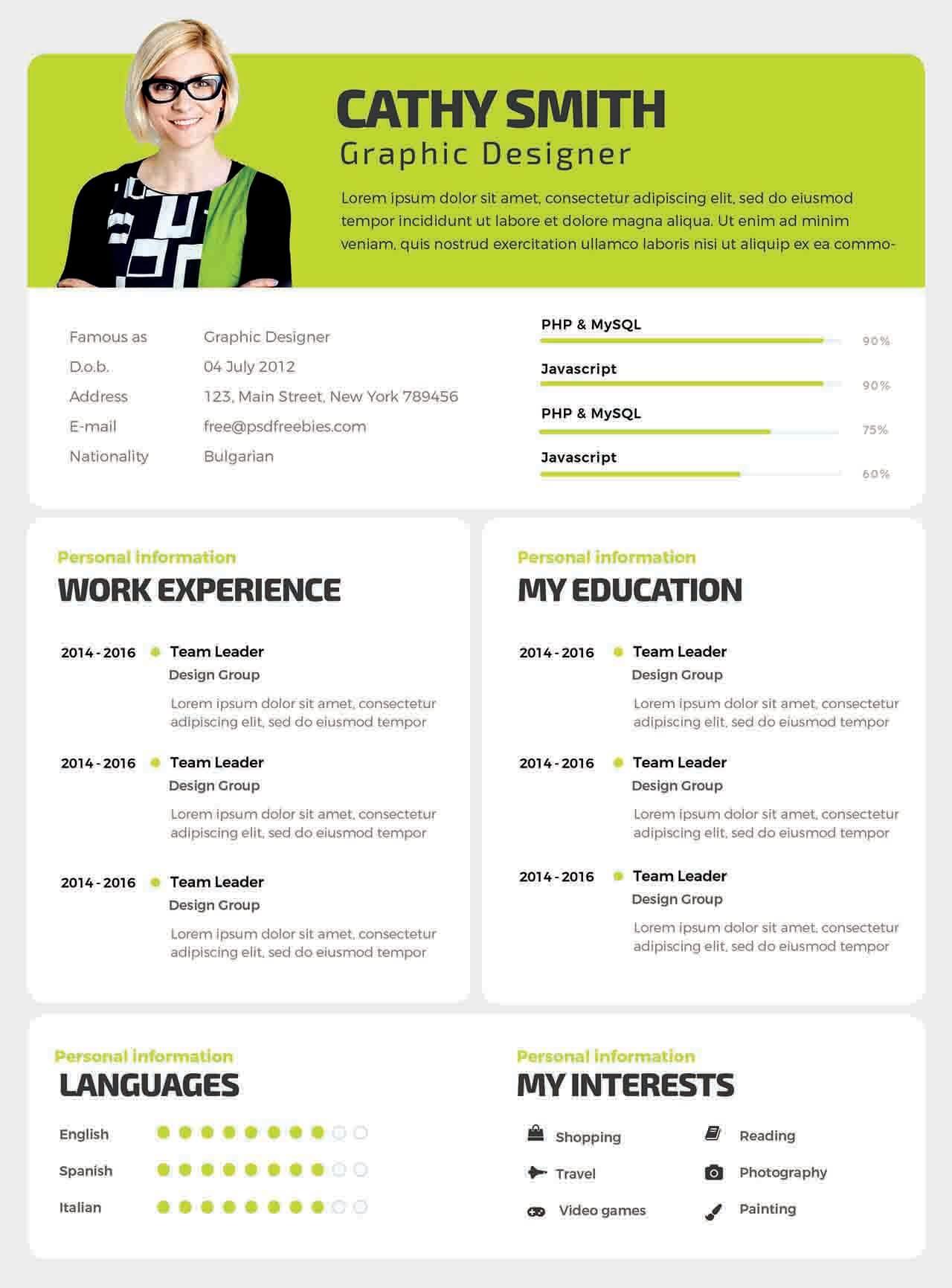 CV4Free - Designer Resume Template Free PSD
