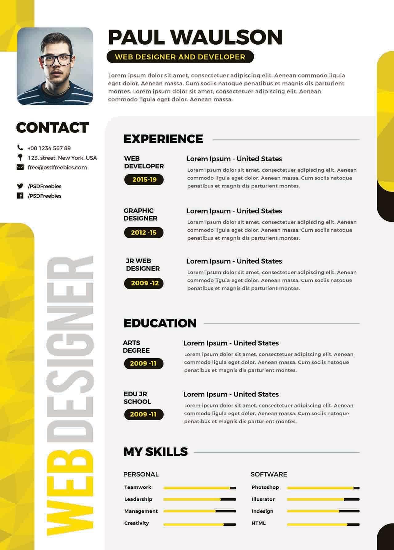 CV4Free - Designer Resume Template PSD Set