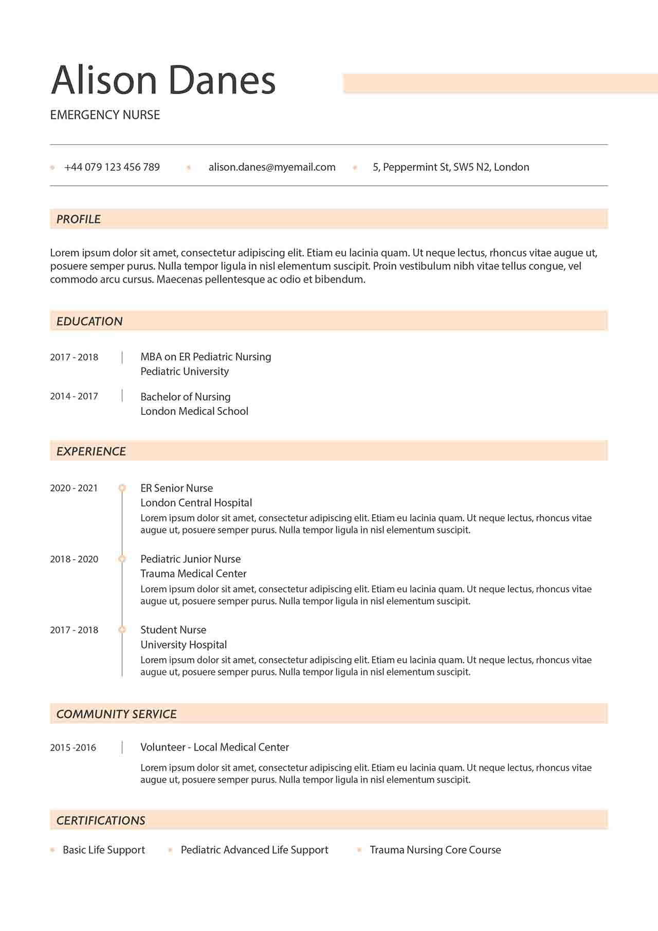 CV4Free - Elegant Minimalist Format Nurse Medical Resume