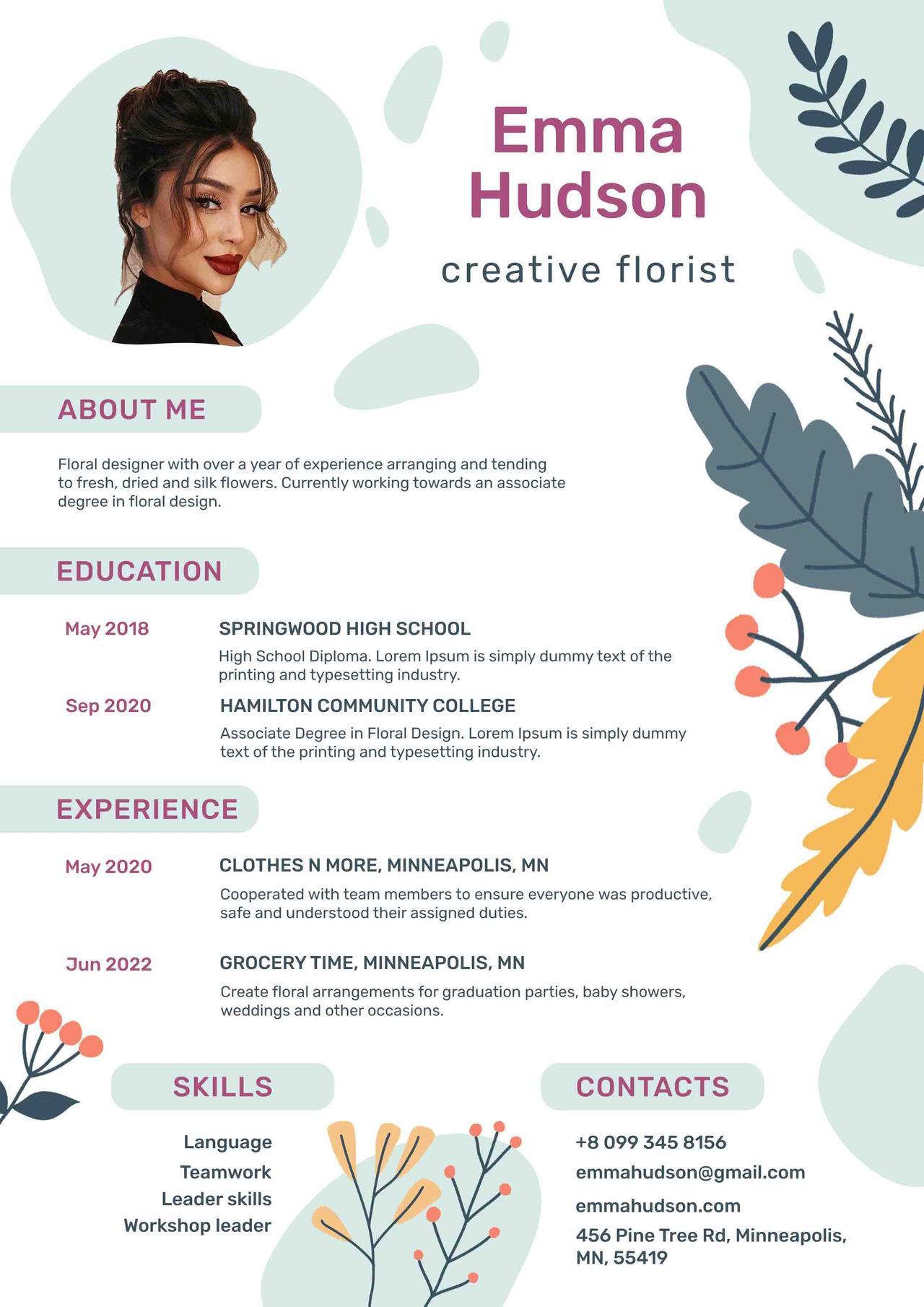 CV4Free - Floral Designer Resume