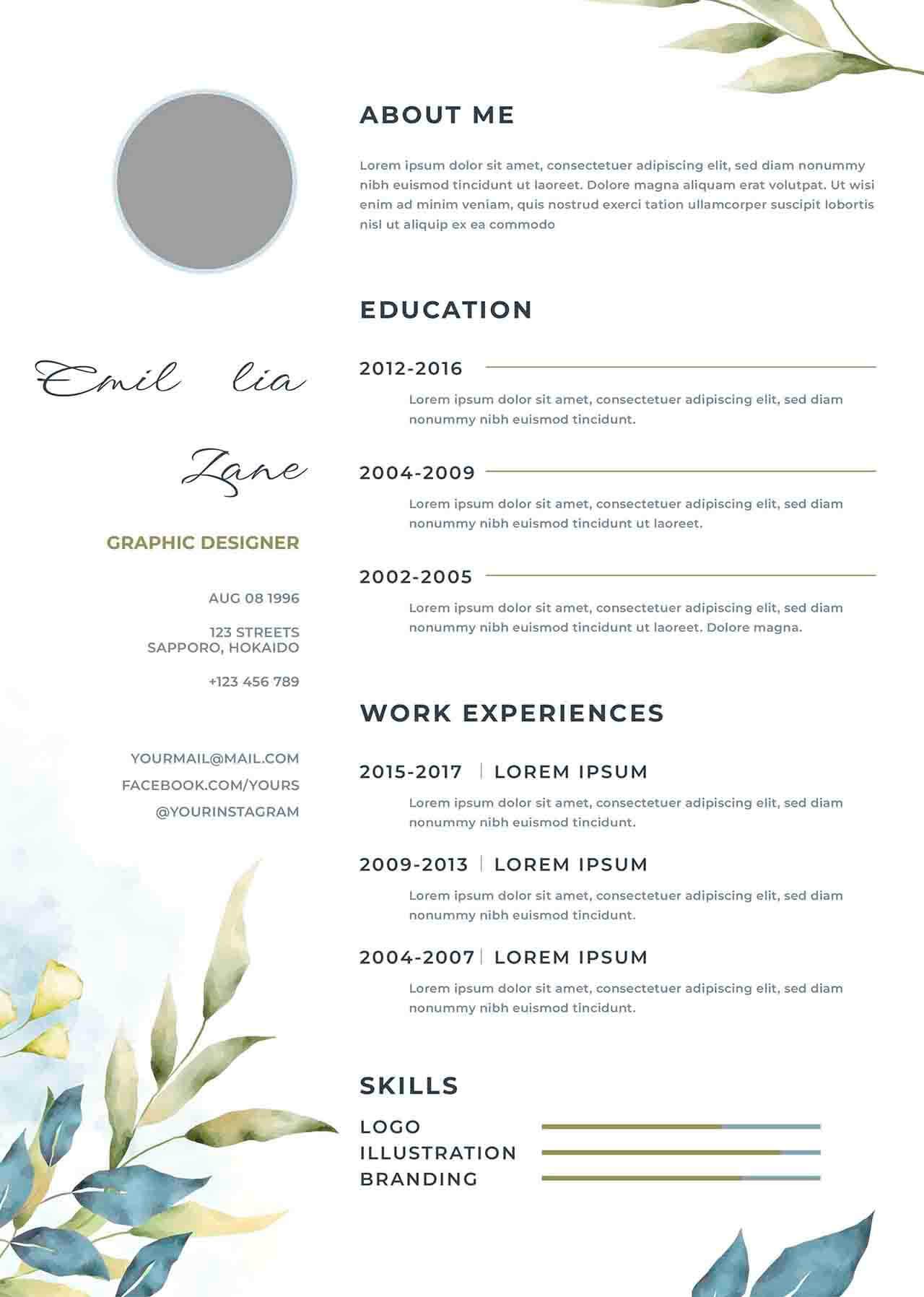 CV4Free - Free Vector Watercolor Floral Resume Template