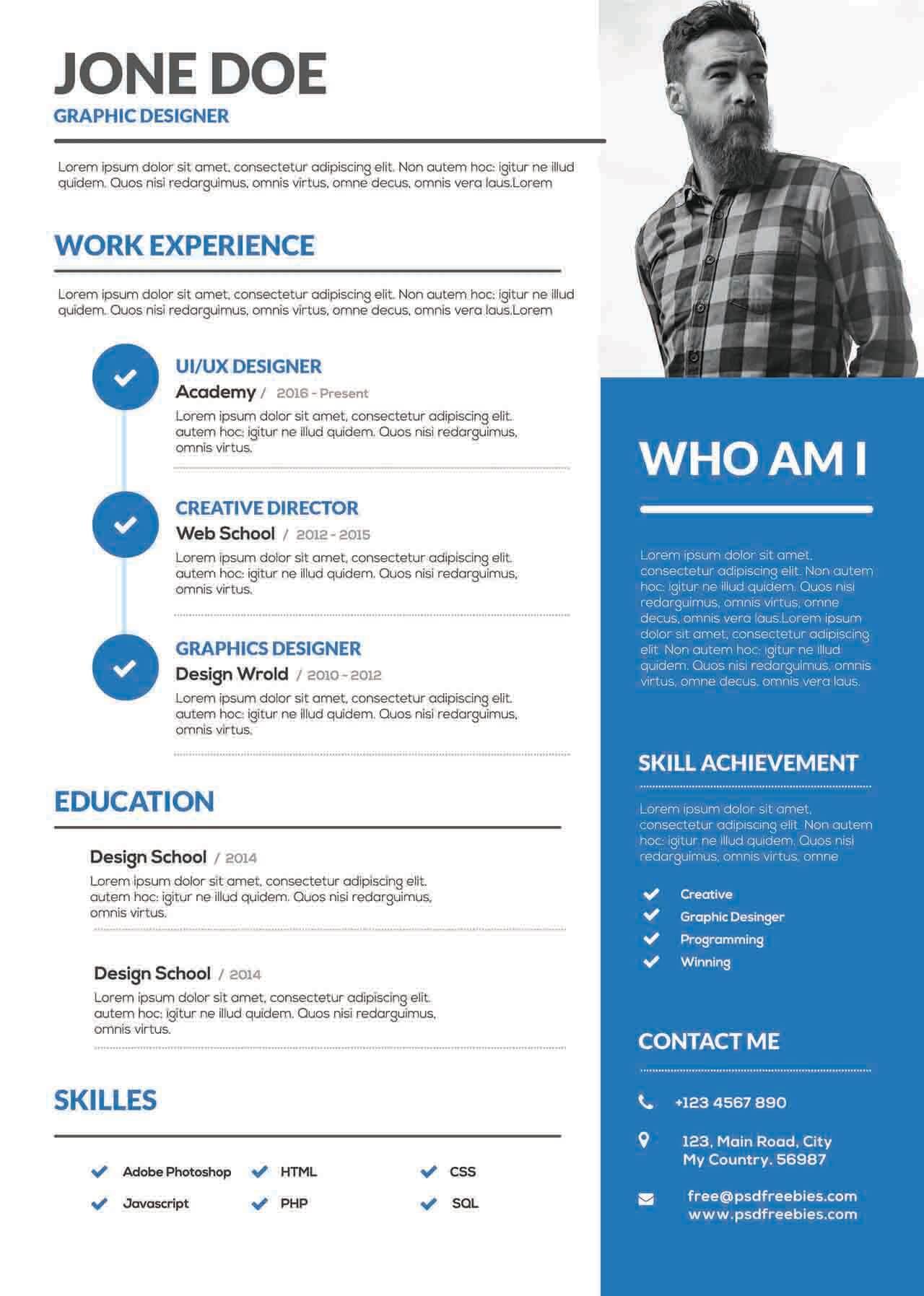 CV4Free - Graphic Designer Resume Template Free PSD