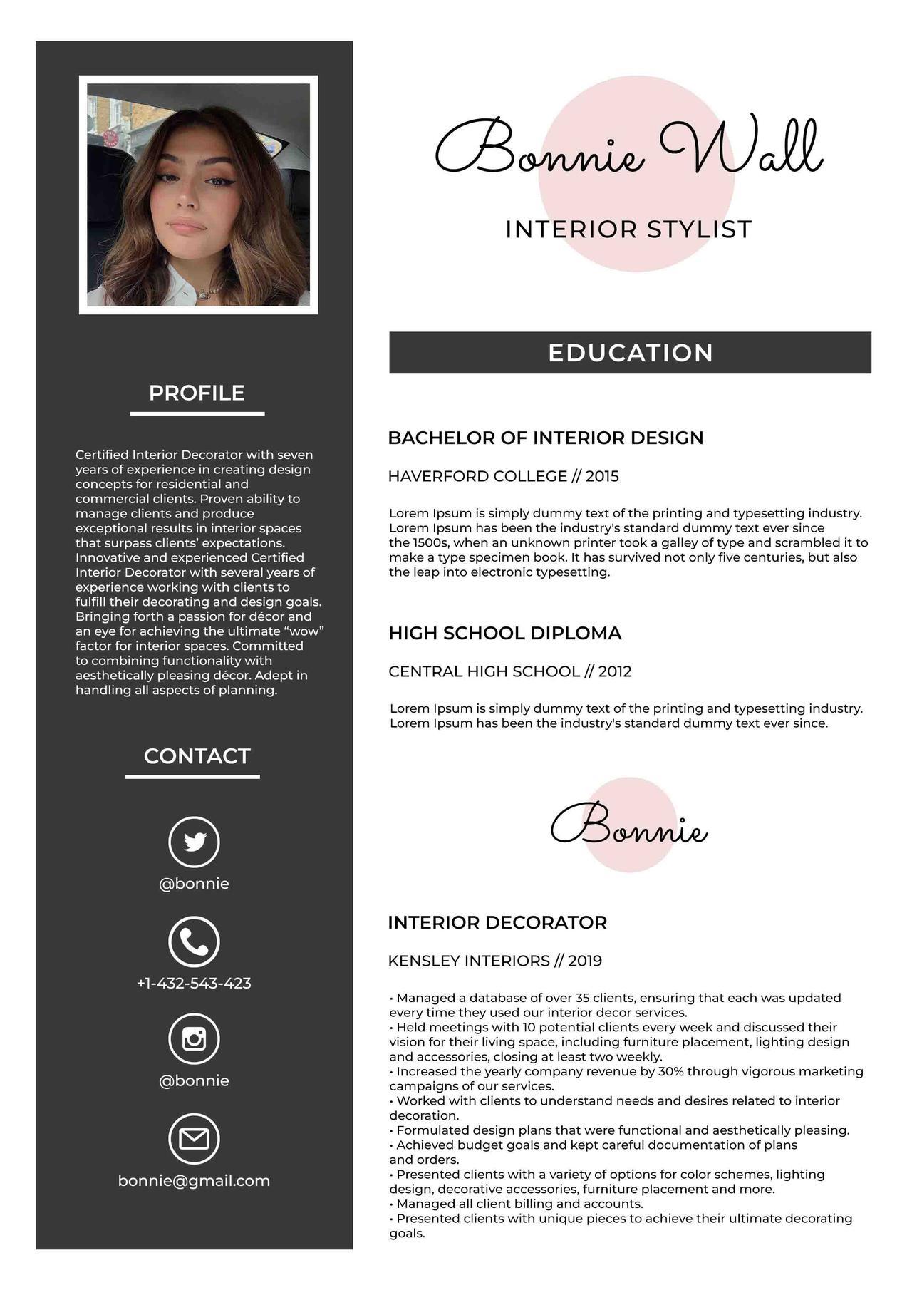 CV4Free - Interior Decorator Resume