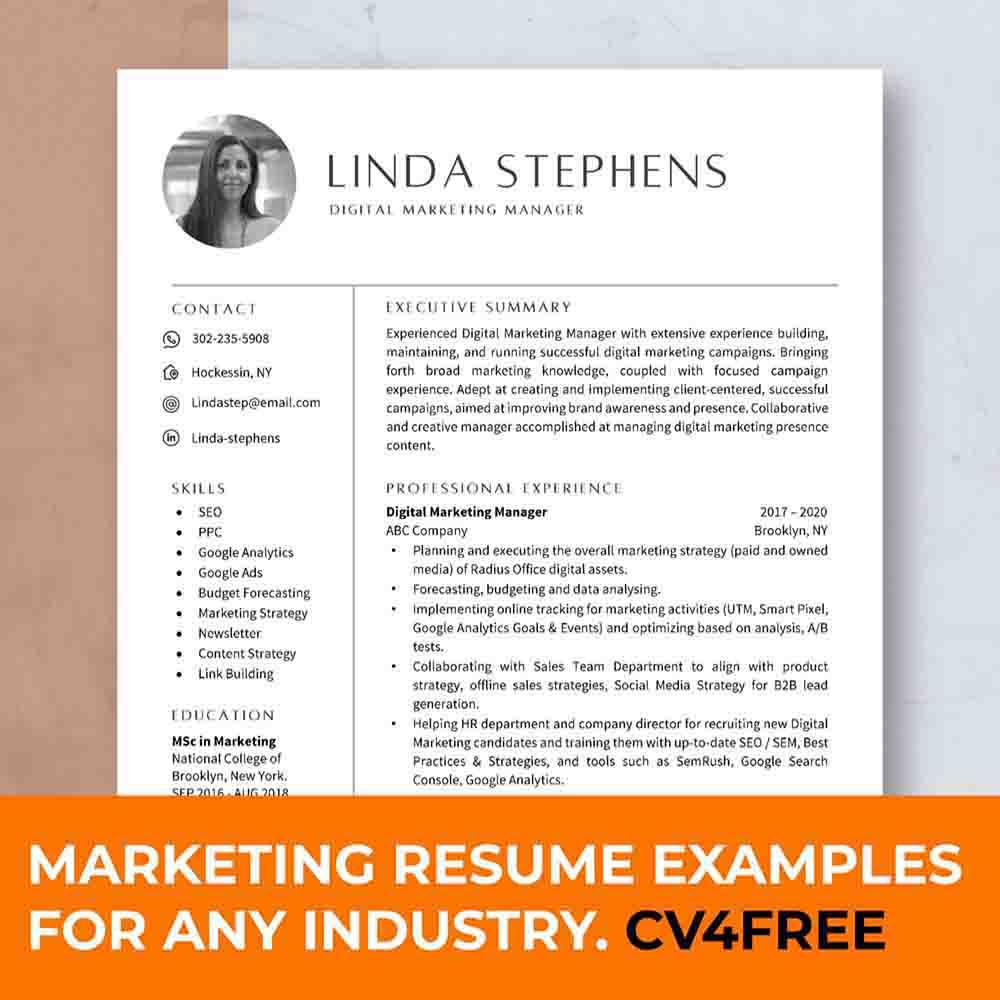 CV4Free - Marketing Resume Examples for Any Industry