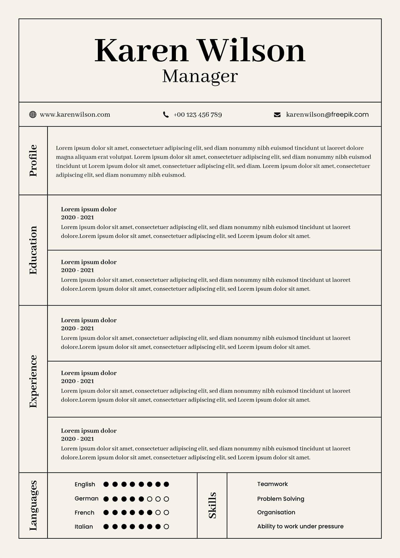 CV4Free - Minimalist Karen Manager Resume