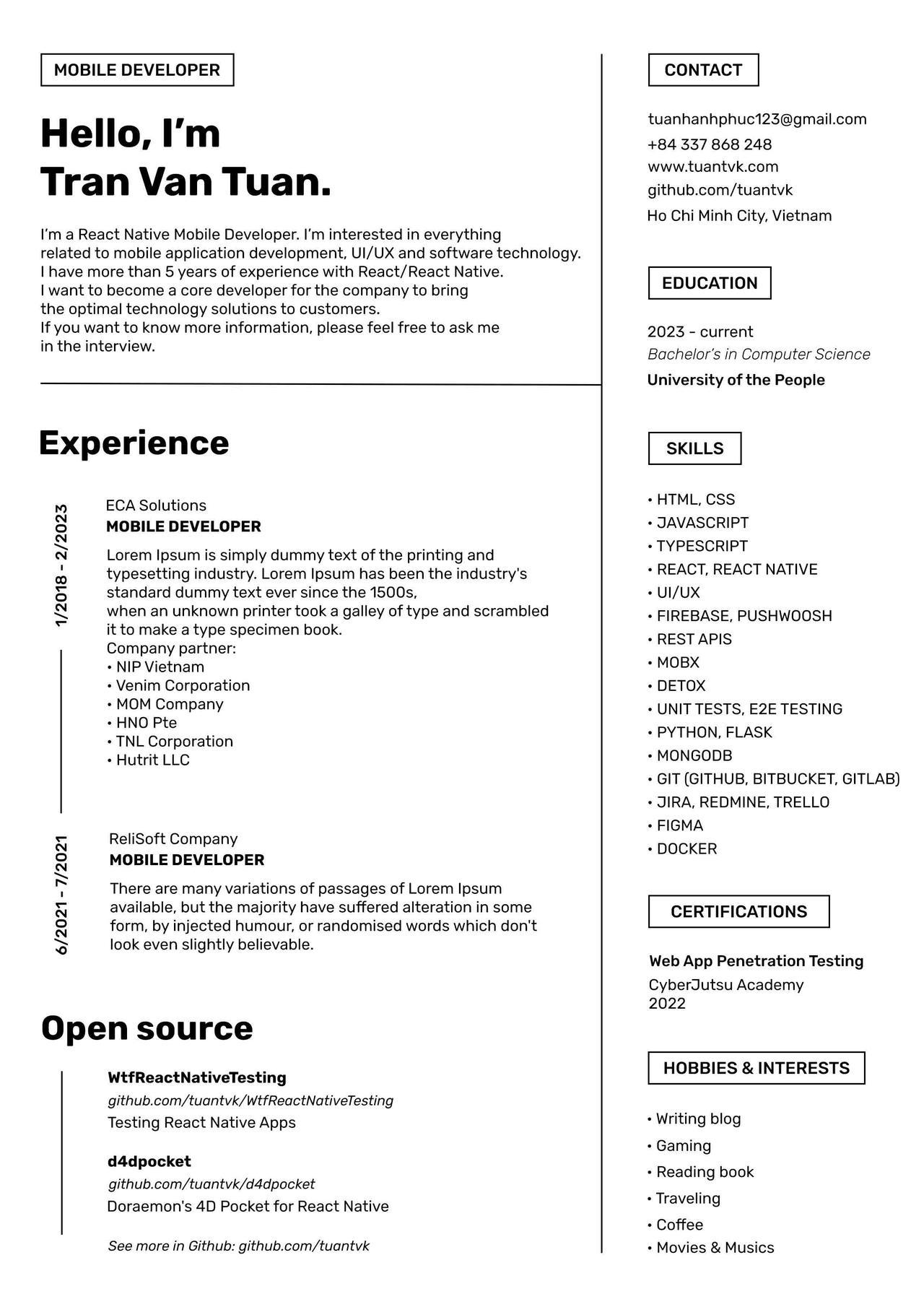 CV4Free - Mobile Application Developer