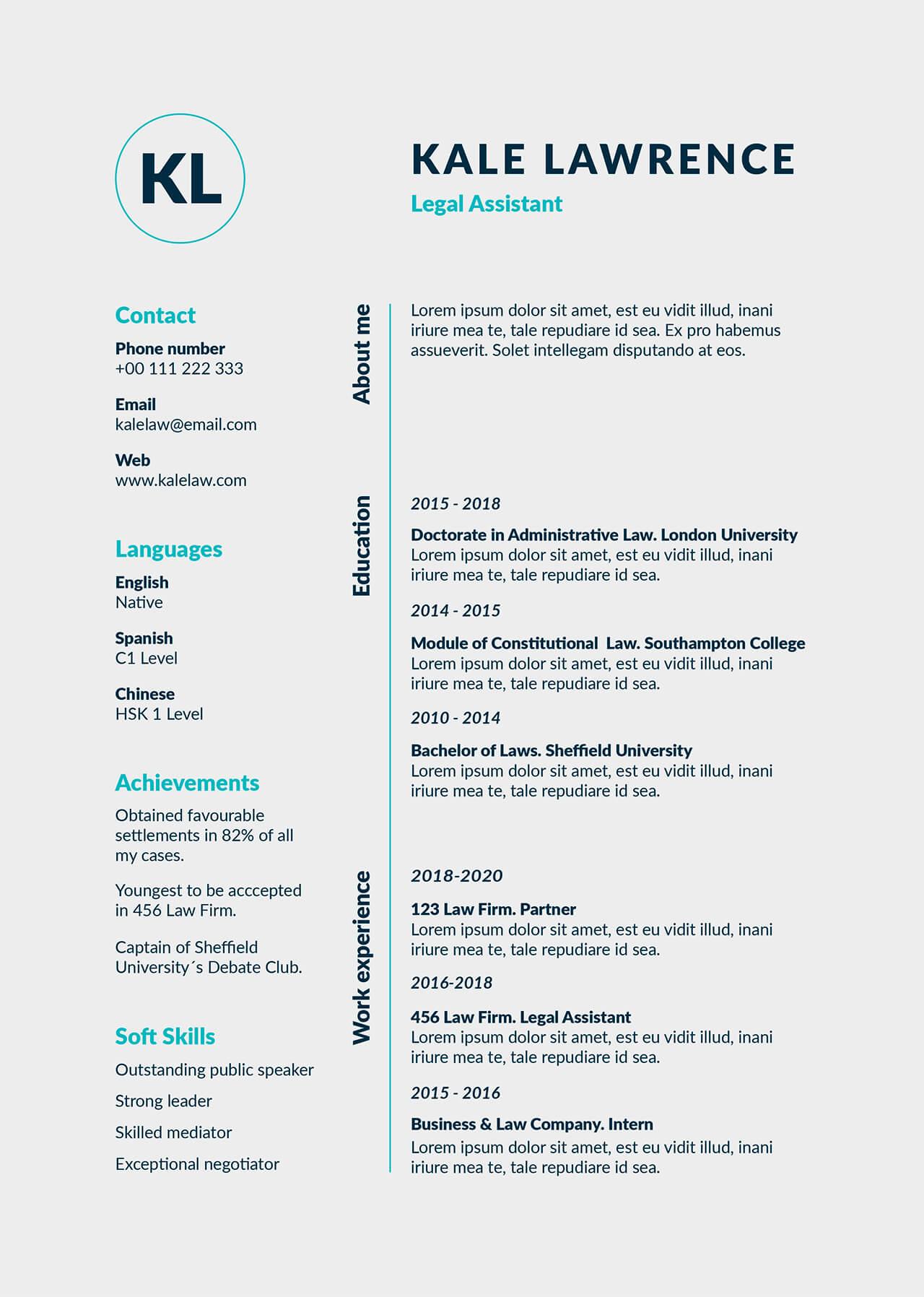 CV4Free - Modern Simple Legal Assistant Law Resume Template