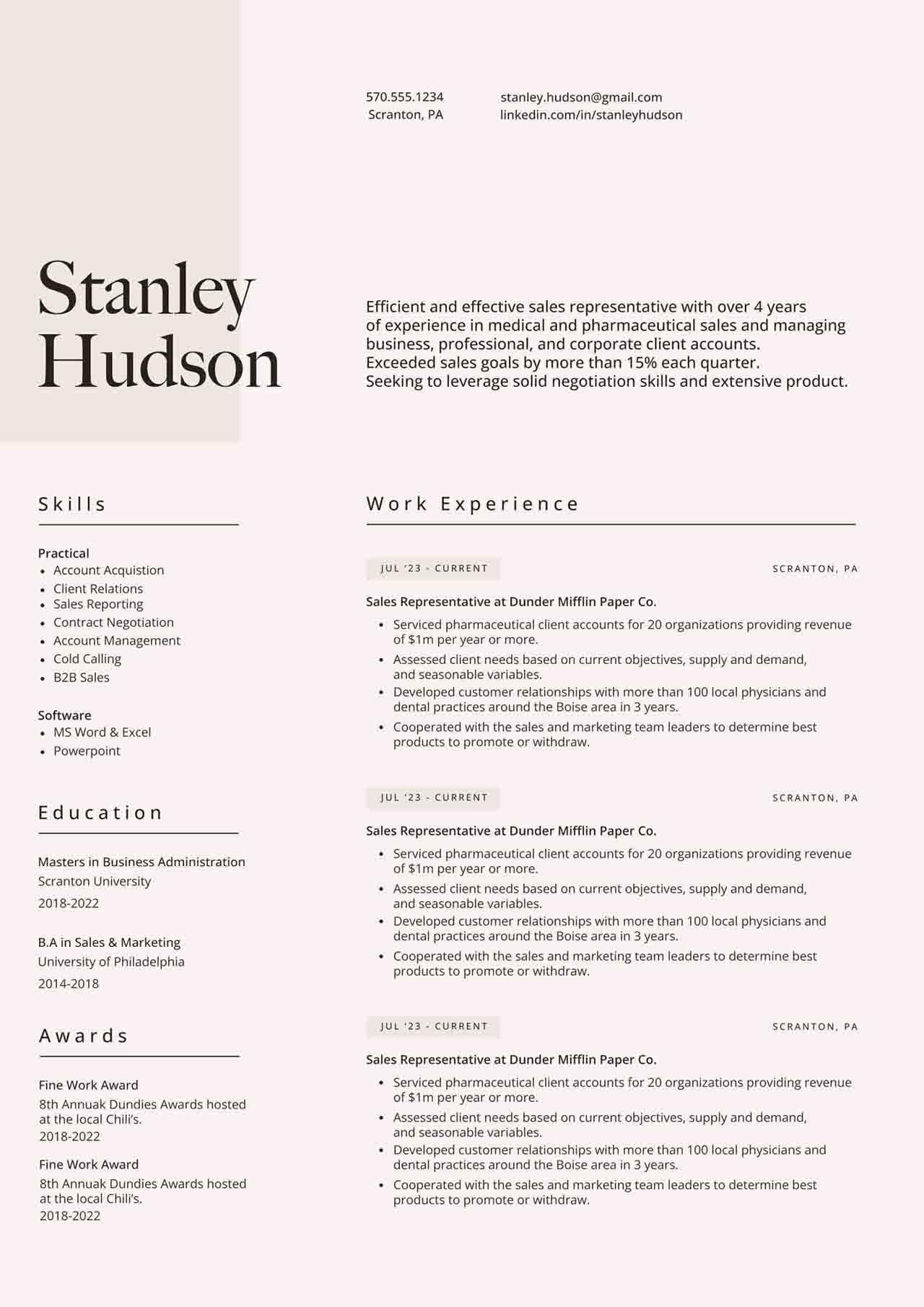 CV4Free - Sales Representative Resume Templates