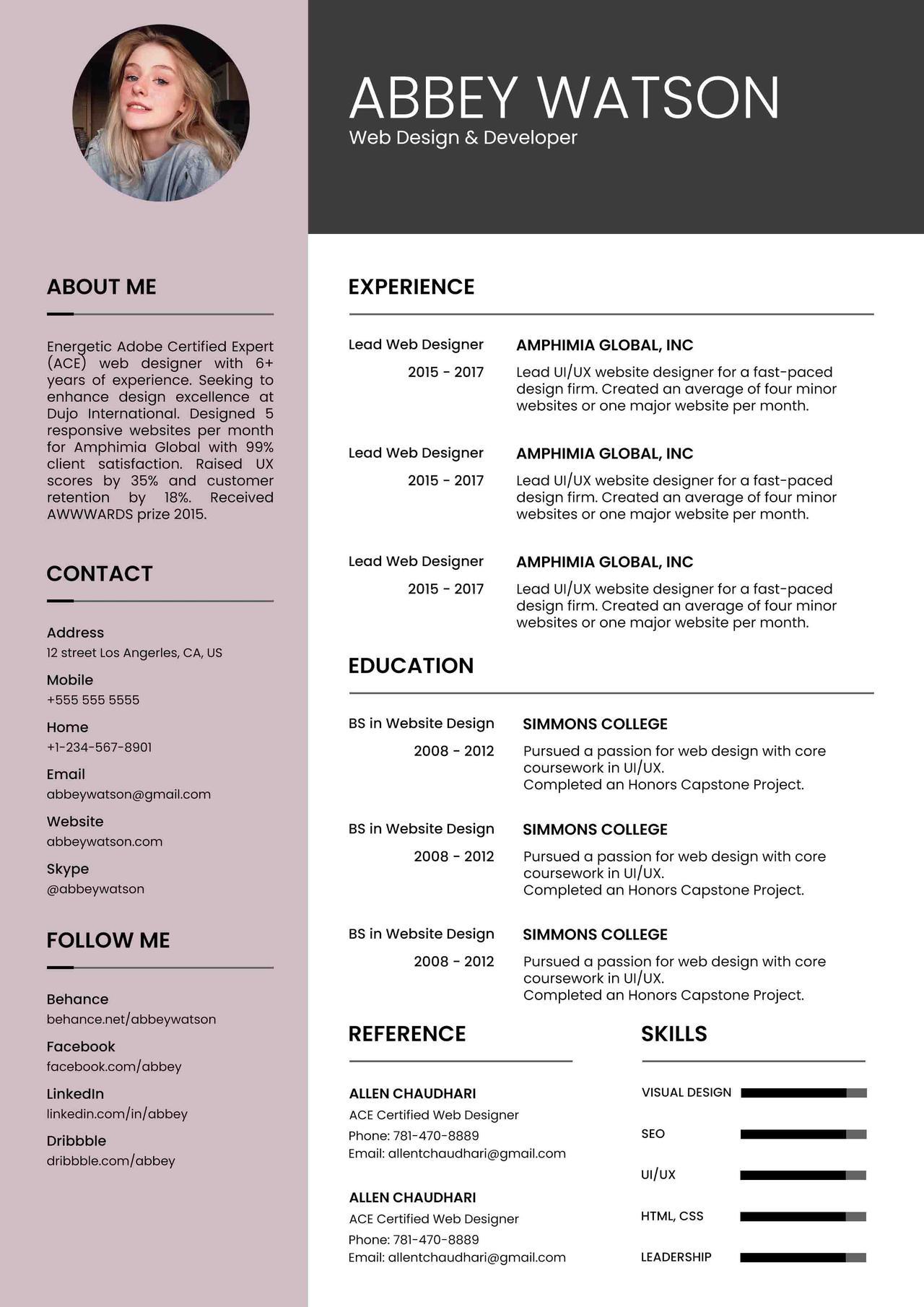 CV4Free - Web Designer Resume Examples