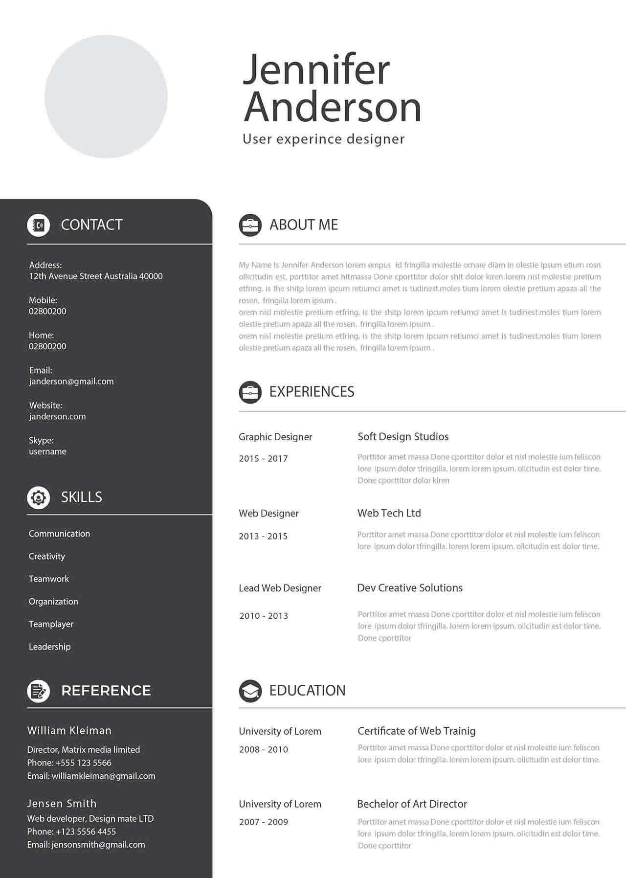 CV4Free - White CV Template with grey details